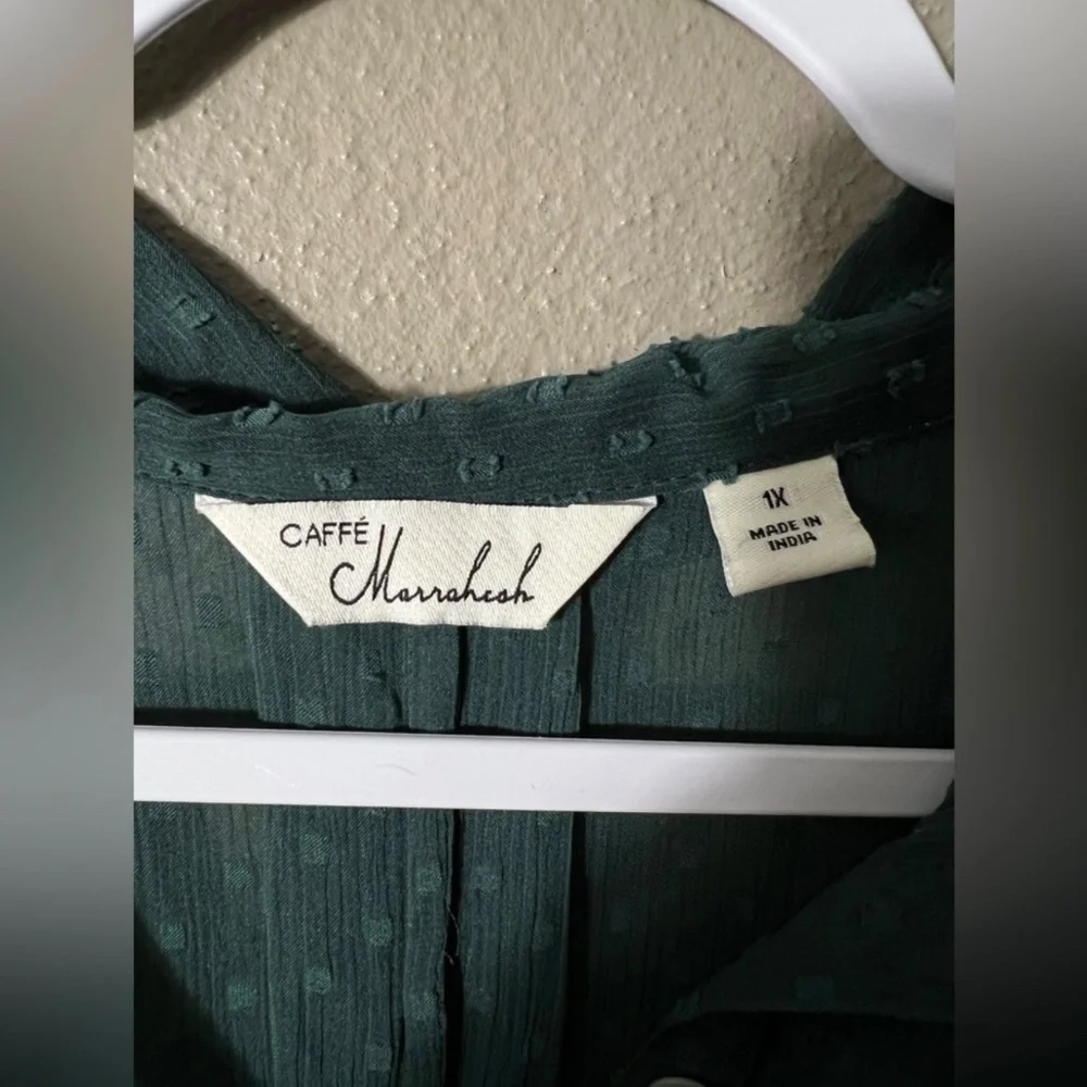Caffe Marrakesh Sheer Button Up Swiss Dot‎ Long Sleeve Hunter Green Blouse 1X